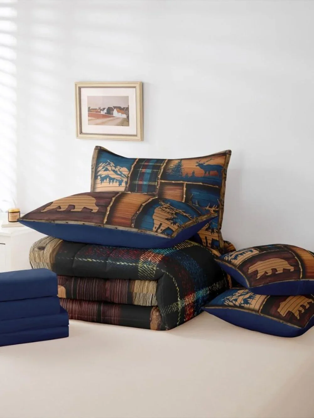 Rustic Cabin 7 Piece Bedding Set Queen Size Wild Bear Deer Comforter Set with Sh
